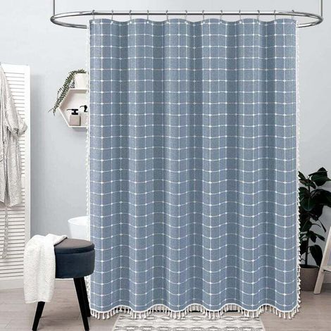 Bohemian shower curtain with tassels, linen fabric, ideal for bathroom décor, 92 x 183 cm (white checks on a blue background) (1/4)