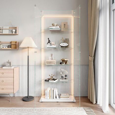 Vitrina, Vitrina de Vidrio, Vitrina armario LED con 2 puertas, 5 estantes, 78.5x34.5x186.5 cm, Buffet de salón, oficina, cocina, Blanco (1/5)