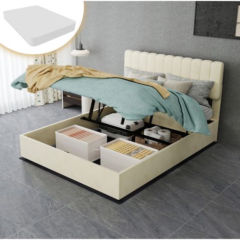 Lit rembourré moderne en tissu beige 140x200 cm avec tête de lit haute et matelas inclus