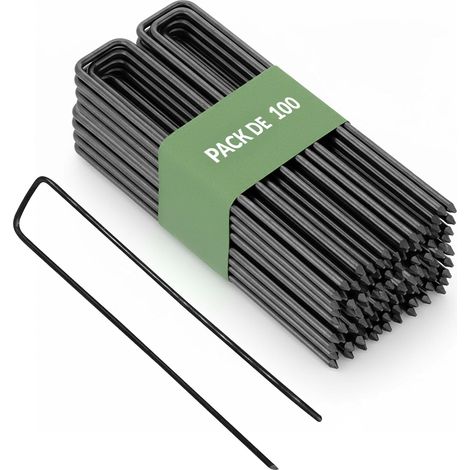 Lot de 100 - Piquet de fixation - Acier - Pour géotextile et bâche - Usage jardin et pro - Gris - 15x3x0,3cm (1/5)