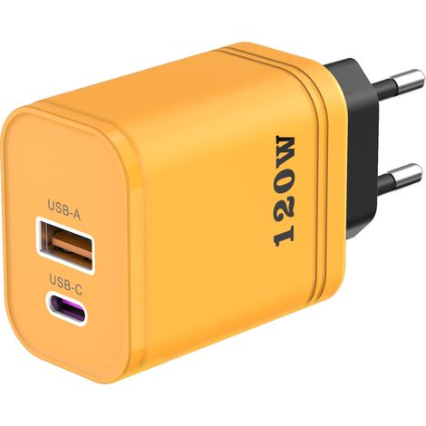 Chargeur mural 12W multi-ports (1 USB-A + 1 USB-C), prise EU jaune, adaptateur rapide pour smartphones et petits appareils (1/5)