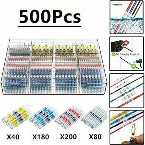 500Pcs Cosses Electriques Souder Gaine Thermorétractable,Maidodo Thermorétractables Souder Bout À Bout Seal Connecteurs Electriques Isolés Etanche Marine Marine Automobile Cuivre, (1/4)
