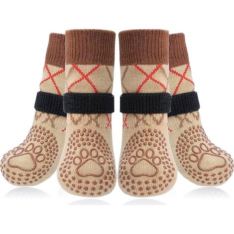 Chaussures pour chien, lot de 2 chaussettes antidérapantes, empêchent le chien de se lécher les pattes, adaptées aux sols durs, protection antidérapante pour les pattes, beige, taille L (1/5)