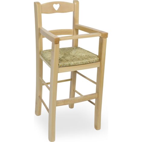 Okaffarefatto – Chaise haute bébé en bois massif – Dossier à coeur – Assise en paille palustre tressée – Hauteur 58 cm – Finition naturelle