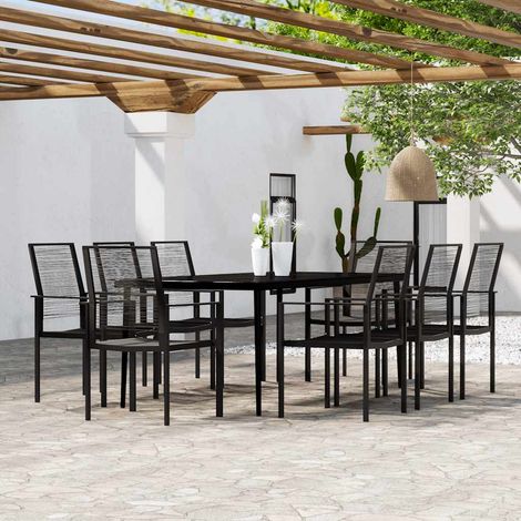 Salon de jardin repas 9 pièces, table et 8 chaises, acier, verre et rotin PVC noir - PANGIVO (1/5)