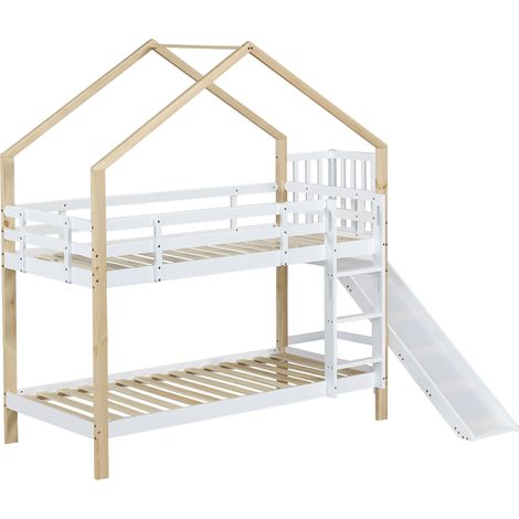 Letto a castello casetta con scivolo, scala a 3 gradini, 90x200 cm, bianco e naturale (1/5)