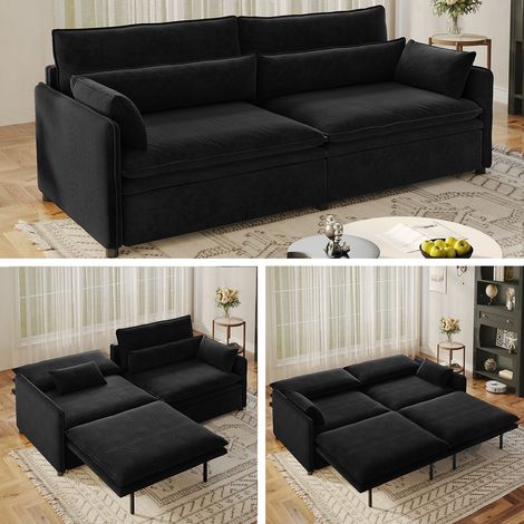 Canapé convertible 3 places 3-en-1, canapé-lit avec coffre de rangement, dossier réglable, 2 coussins mobiles, chenille noir, 206 x 91 x 86 cm (1/5)