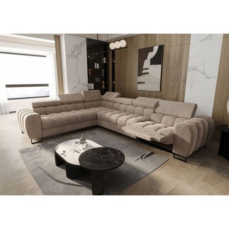 Ecksofa Schlafsofa BASTIEN RELAX in Stoff Terra Beige Ottomane Links