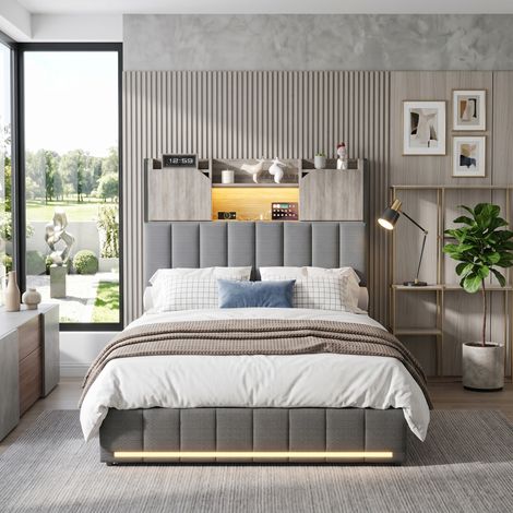 Superaly Lit Rembourré 90x200 cm avec 2 Tiroirs, Tête de Lit avec Rangement Cloison, avec LED, 2 Ports USB et Type-C, Sommier à Lattes, Lit Simple Adapté aux Enfants et Adolescents, Lin, Gris foncé (1/5)