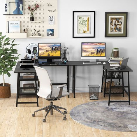 Bureau en Forme de ‘L’ avec Prises de Courant et Ports USB Bureau d'Angle de 120cm Etagères de Rangement Cadre en Métal Noir (1/3)