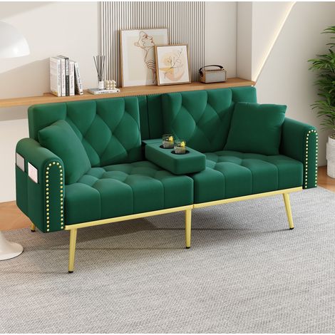 Divano letto 175x80x73.5 cm verde in velluto con schienale reclinabile e portabicchieri (1/5)