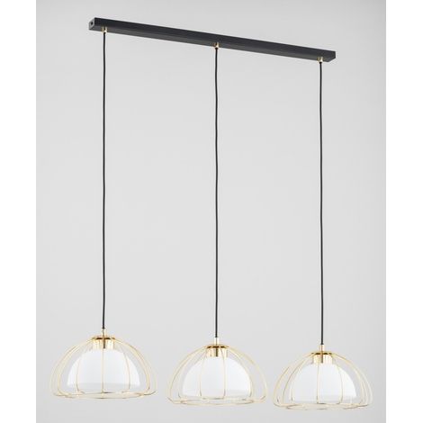 Alfa Nersy Linear Pendant Light 80cm, 3x E27, 3-Light Hanging Ceiling Lamp with Glass Shades & Metal Cage, Black/Gold, Dimmable, for Kitchen Island & Dining Table (1/2)