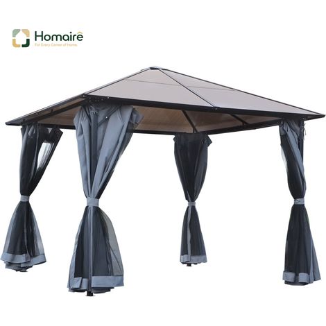 HOMAIRE Pavillon mit Polycarbonatdach, Fliegennetzvorhängen und Alugestell, dunkelgrau, 3 x 3 m