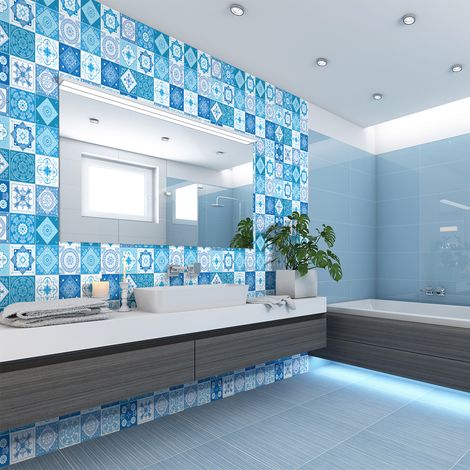 Sticker Mural Carrelage adhésif Cuisine Salle de Bain - 60 STICKERS CARREAUX DE CIMENT AZULEJOS ASFODELO - 60stickers15x15cm (1/5)
