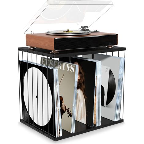 Rangement Vinyle, Support à Vinyle en Bois, Multifonctionnel Meuble Vinyles avec 3 Compartiments, Porte Vinyles Pouvant Contenir 100 Disques, pour Salon ou Bureau (Noir) (1/5)