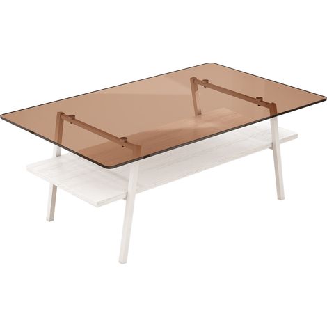 Mesa de centro de vidrio templado con patas metálicas, blanco y marrón, 98 x 58 x 42,5 cm (1/5)