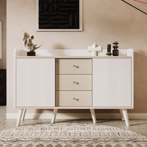 Vintage Sideboard mit 3 Schubladen, Schiebetür, edle Maserung, Ablageflächen, Sideboard L 117,5 cm, weiß