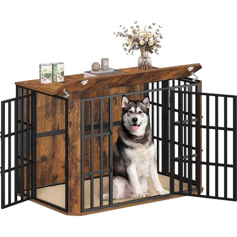 Cage pour Chien, Heavy Cage en Bois avec Porte d'alimentation Supérieure, Design Multi-Portes, Grande Table d'appoint pour Cages pour Chien, 120 x 75 x 81 cm, Marron Rustique (1/5)