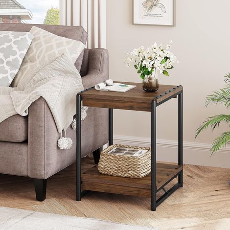 Table d’appoint 2 niveaux marron noyer cadre métallique chevet salon chambre montage facile (1/5)