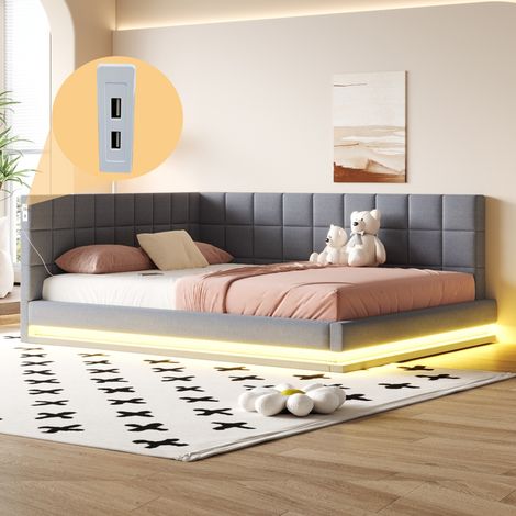 Canapé-lit en velours gris (160x200 cm), avec bande LED, ports USB et sommier (1/4)