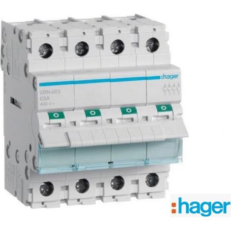 Hager – Interrupteur de coupure 4 pôles 63A – Tension 230/400V – Courant 63A – Type AC – Pouvoir de fermeture 1332A – SBN463