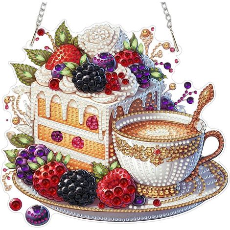 Diamant Painting Anhänger Kuchen Kaffee mit Kette, DIY Fensterbild Hängend, 20x20cm (1/4)