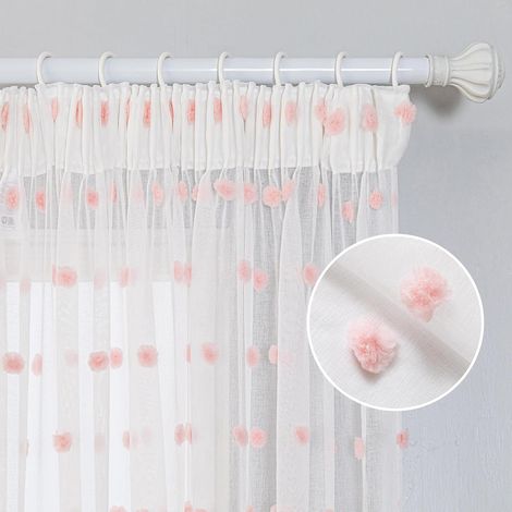 Lot de 2 rideaux en voile, brodés avec pompons, semi-transparents, hauteur 160 cm, largeur 140 cm, pour salon et chambre