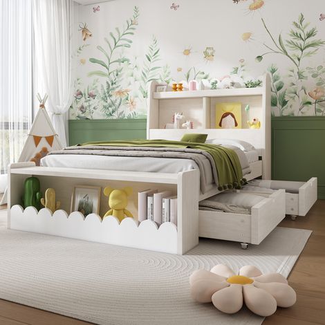 Lit simple en bois 90x190cm - avec 2 tiroirs et étagères - Blanc (matelas non inclus) (1/5)