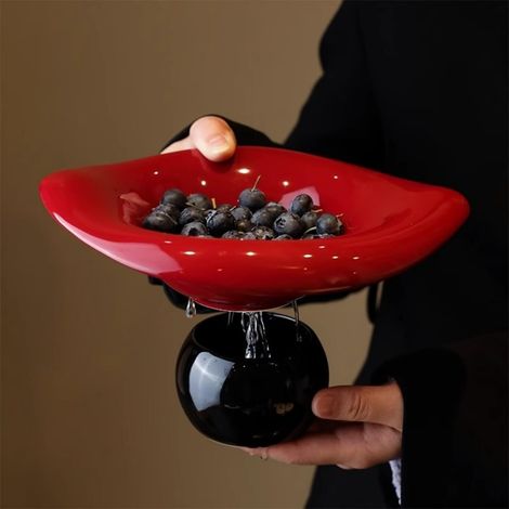 Coupe à fruits en céramique pour plan de travail, 33 cm, coupe décorative, grande coupe à fruits avec trou d'égouttage pour la décoration de la cuisine, porte-fruits et légumes, rouge et noir (1/4)