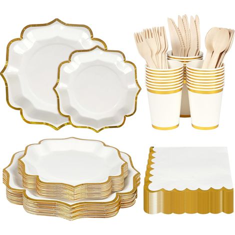 Assiettes en Carton Festonnées, Couverts, Vaisselle Anniversaire avec Serviettes, Couteaux, Cuillères, Gobelets pour Barbecue Camping Fête (Or Blanc, 18/23cm) (1/5)