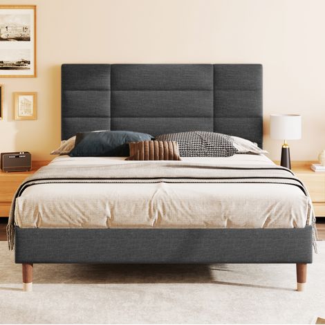 DESVIAE Lit double rembourré avec sommier à lattes et matelas 140 x 200 cm tête de lit en lin gris rangement sous le lit soutien orthopédique 7 zones pour adultes et adolescents (1/5)
