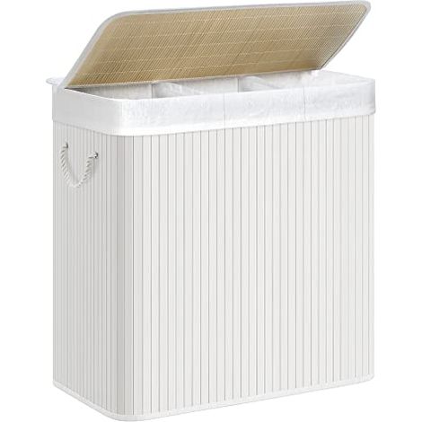Panier à Linge 150L, Corbeille Linge Sale 3 Compartiments de Tri, Couvercle en Bambou, Poignées, Pliable, Sac Amovible Lavable en Machine, pour Buanderie, Chambre, Blanc (1/4)