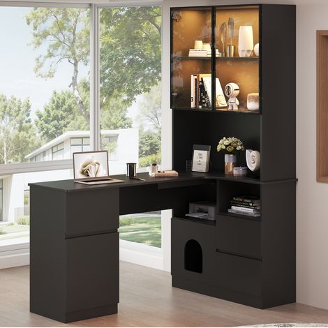 Eckschreibtisch 120x80x180 cm schwarz MDF mit Regal, LED-Vitrine, Kabeldurchlass und Stauraum (1/5)