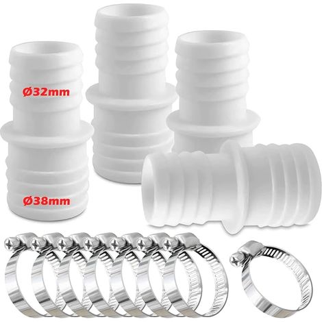 Lot de 4 raccords pour Tuyau Piscine, Raccord de Tuyau avec Colliers de Serrage, Ø 32 mm vers 38 mm de diamètre avec 8 Colliers de Serrage, Adaptateur de Tuyau de Piscine, Adaptateurs de Tuyau(Blanc) (1/5)