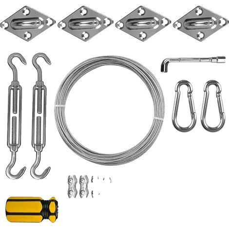Kit de herrajes para toldo, acero inoxidable 304, cable de acero de 15 m, 2 tensores M5, 4 ojales M5, 4 clips dobles (1/5)