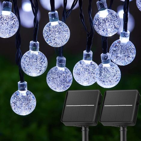 Guirlande lumineuse solaire LED (11 m, 60 LED, 2 pièces - blanche) - Éclairage extérieur étanche avec globes en cristal - Compatible avec les jardins, terrasses, fêtes et décorations d'arbres (1/5)