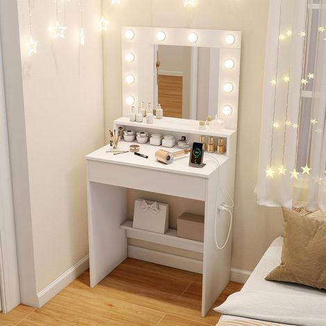 Costway – Coiffeuse avec miroir et lumières – Luminosité réglable – Rangement avec tiroir et étagères – Dimensions 66 x 40 x 136 cm – Blanc (1/5)