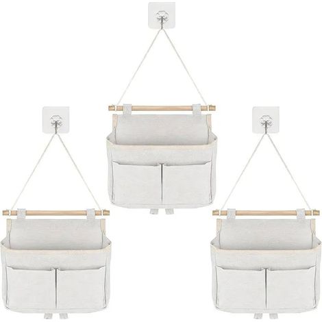 3 Pièces Sac Rangement Suspendu Mural, Tissu Lin Pliable, avec Poche et Crochets, pour Chambre, Bureau, Salle de Bain, Cuisine (Beig (1/5)