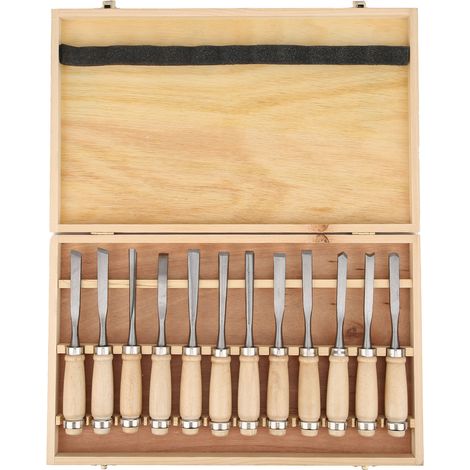 Ensemble de 12 outils de sculpture sur bois (couteaux à graver, ciseaux à bois) avec boîte. (1/5)