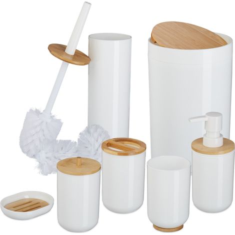 Relaxdays Set Bagno 7 Accessori, Cestino, Scopino WC, Portasapone, Saponetta, Portaspazzolino, Plastica e Bambù, Bianco