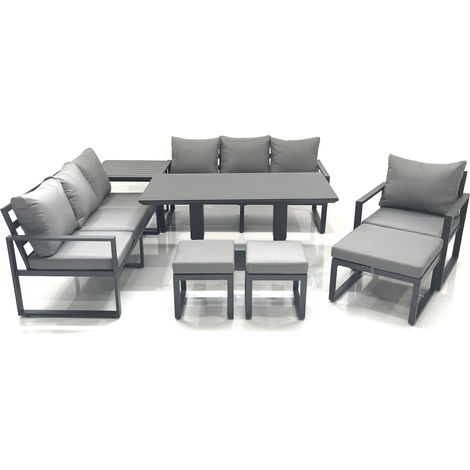 Fimous Outdoor Garden Furniture Set Aluminium Lounge Sofa Adjustable Rising Lifting Dining Table Sets with 3 Footstools Side Table Dark Grey (1/5)