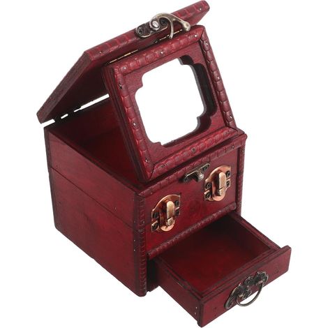 Antique Wooden Jewelry Box with Built-in Mirror, Vintage Makeup Organizer in Classic Chinese Style, Spacious Compartment and Decorative Design for Dressing Table (1/5)
