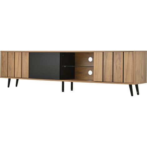 Meuble TV 175x31,5x45 cm avec 3 armoires et étagère en verre trempé, noir et bois naturel, pour téléviseurs jusqu'à 75 pouces (1/5)