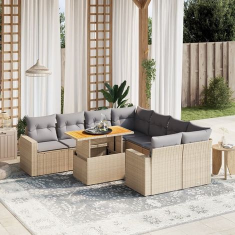 Ensemble salon jardin 9 places résine tressée beige avec coussins gris - Table extensible acacia et structure acier (1/3)