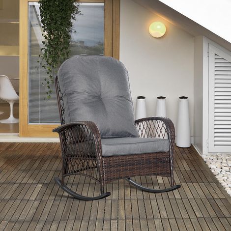 Coussin pour fauteuil à bascule capitonné, rotin PE, acier, marron et gris (1/5)