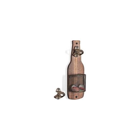 Ouvre-bouteille mural – Bois massif avec panier intégré au couvercle – Marron – (1/4)