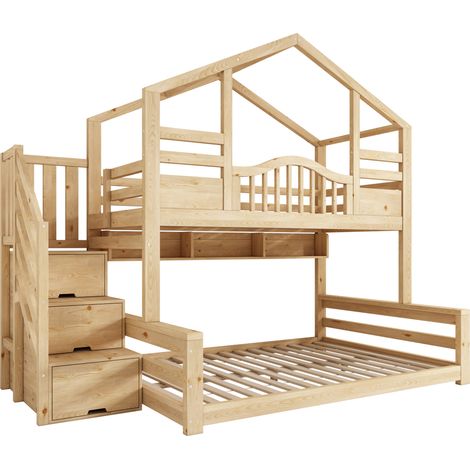 Litera infantil con escalera de almacenaje 90x200 arriba 140x200 abajo madera natural (1/5)