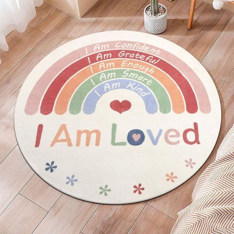 Tapis rond enfant motif arc-en-ciel – Lavable en machine, idéal chambre ou salle de jeux, 120 cm, design princesse coloré (1/5)