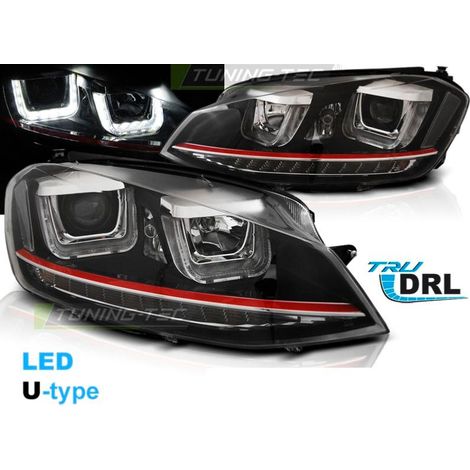 Paire de feux phares VW Golf 7 12-17 LED U-type DRL Noir ligne rouge-27361967 (1/4)