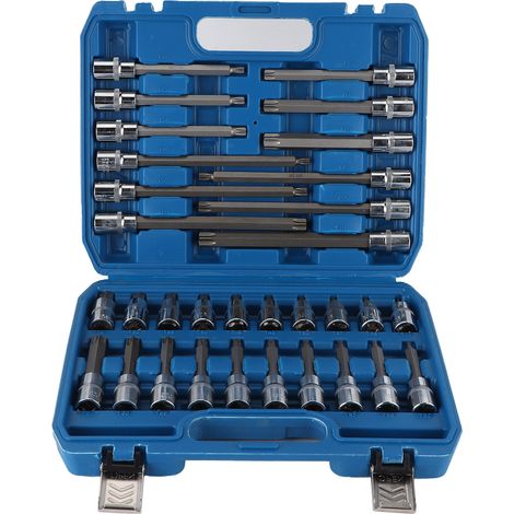 Lot de 32 embouts hexagonaux 1/2 pouce carré, rangés dans une boîte à outils en acier chrome-vanadium pour réparation automobile. (1/5)